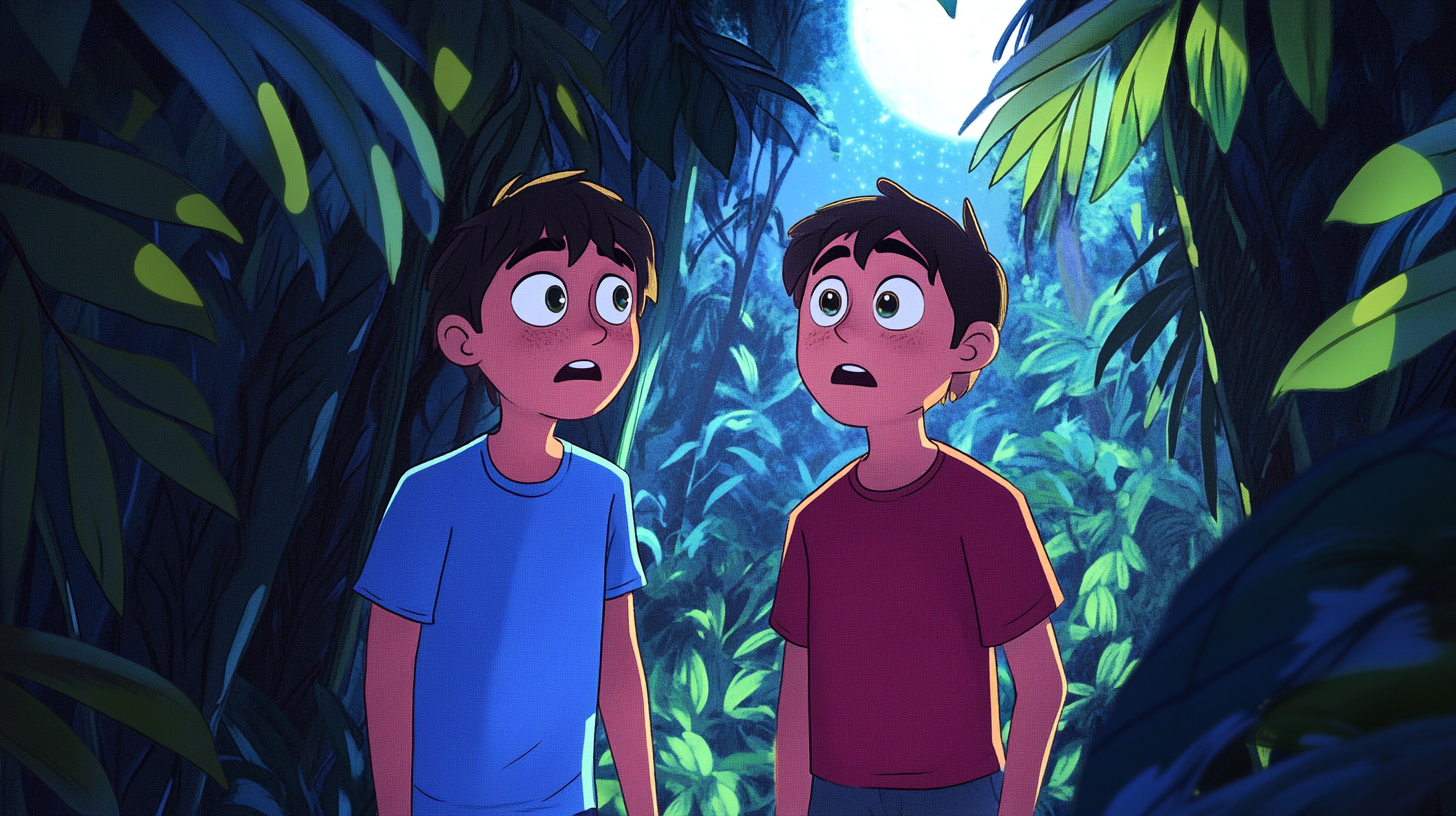 Mark in blue shirt and James in red t-shirt, under moonlit jungle with concern.