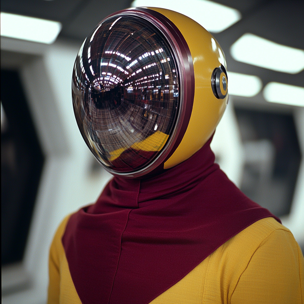 Maroon and yellow sci fi android in space.