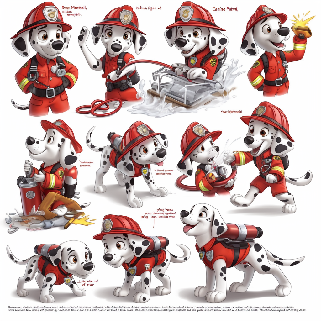 Marshall, Dalmatian firefighter, joyful, energetic with hose, flashing lights.