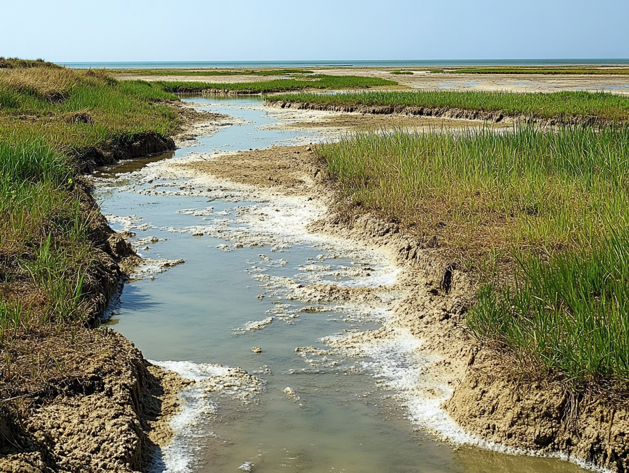 Marshes with Indigeneous vegetation surrounded by saline deposits.