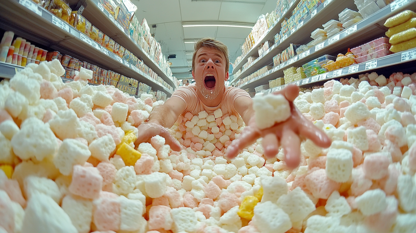 Marshmallow Man trapped in sticky selfie at the store.