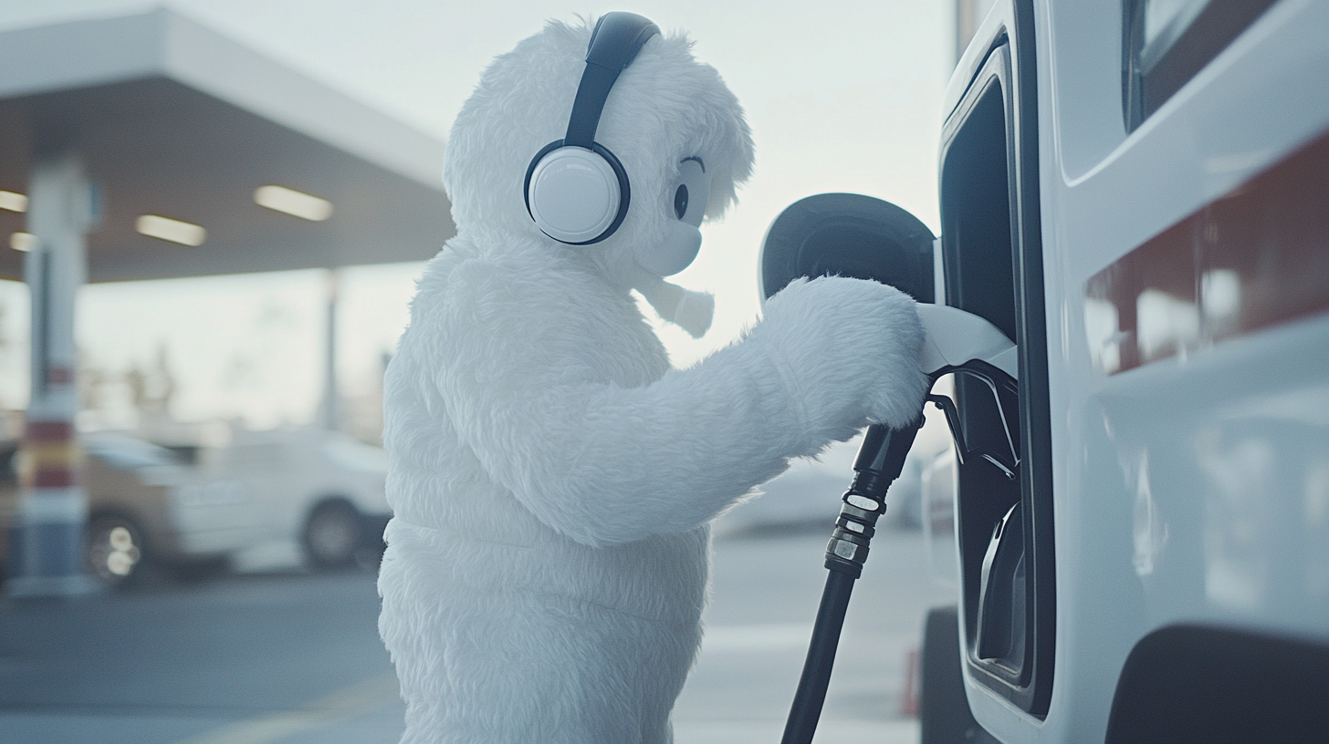 Marshmallow gas station worker fuels big truck wearing headphones.