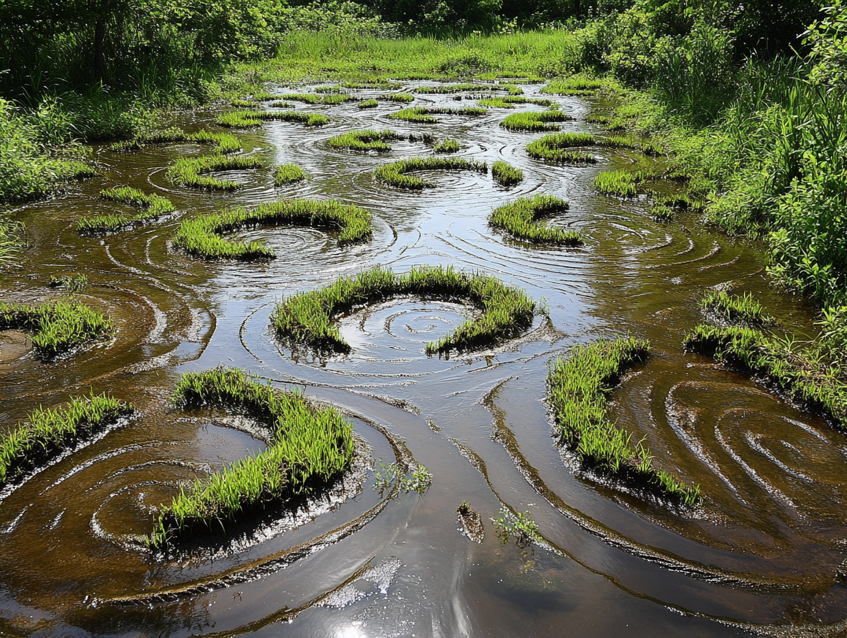 Marshy surface with vegetation, water reflecting sunlight, creating ripples.