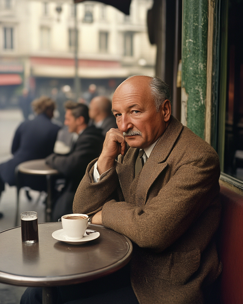 Martin Heidegger in 1950s Paris café, lost in thought.