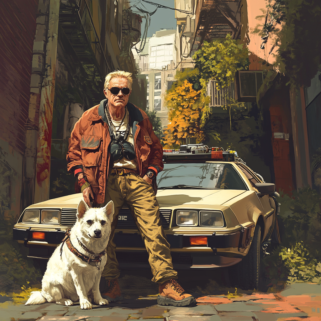 Marty McFly and Doc Brown with Griffon dog. Delorean flying, city walls covered in plants. Realistic.