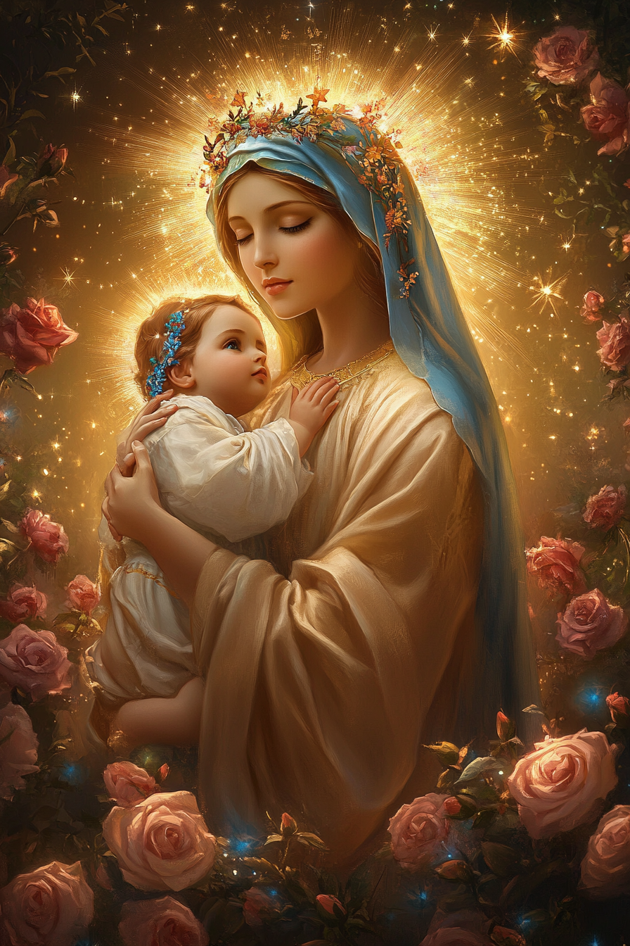 Mary holds baby Jesus amidst roses and stars