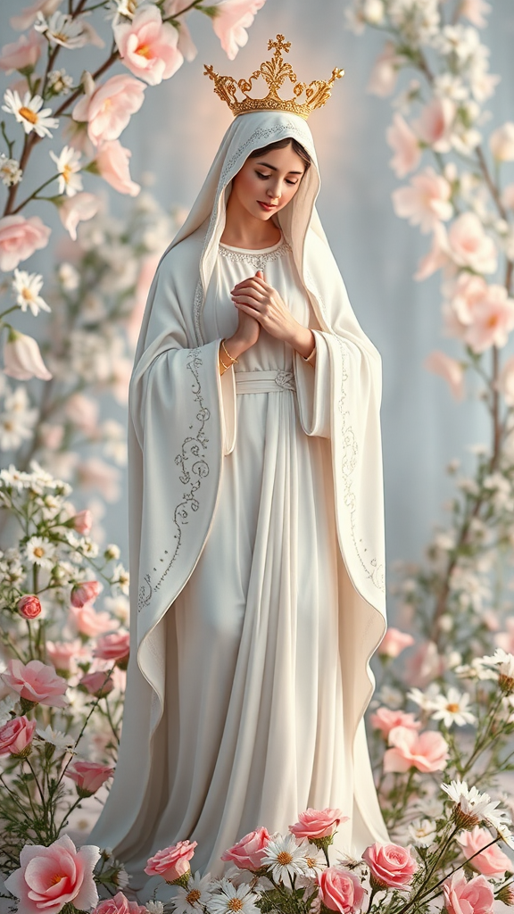 Mary in White Dress Surrounded by Flowers