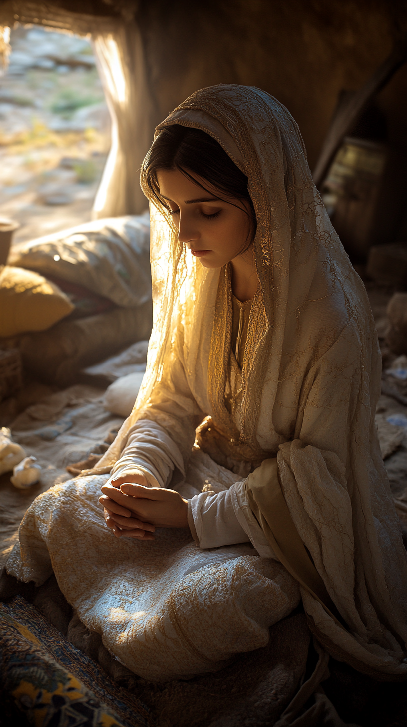 Mary praying in golden hour, high definition rendering.