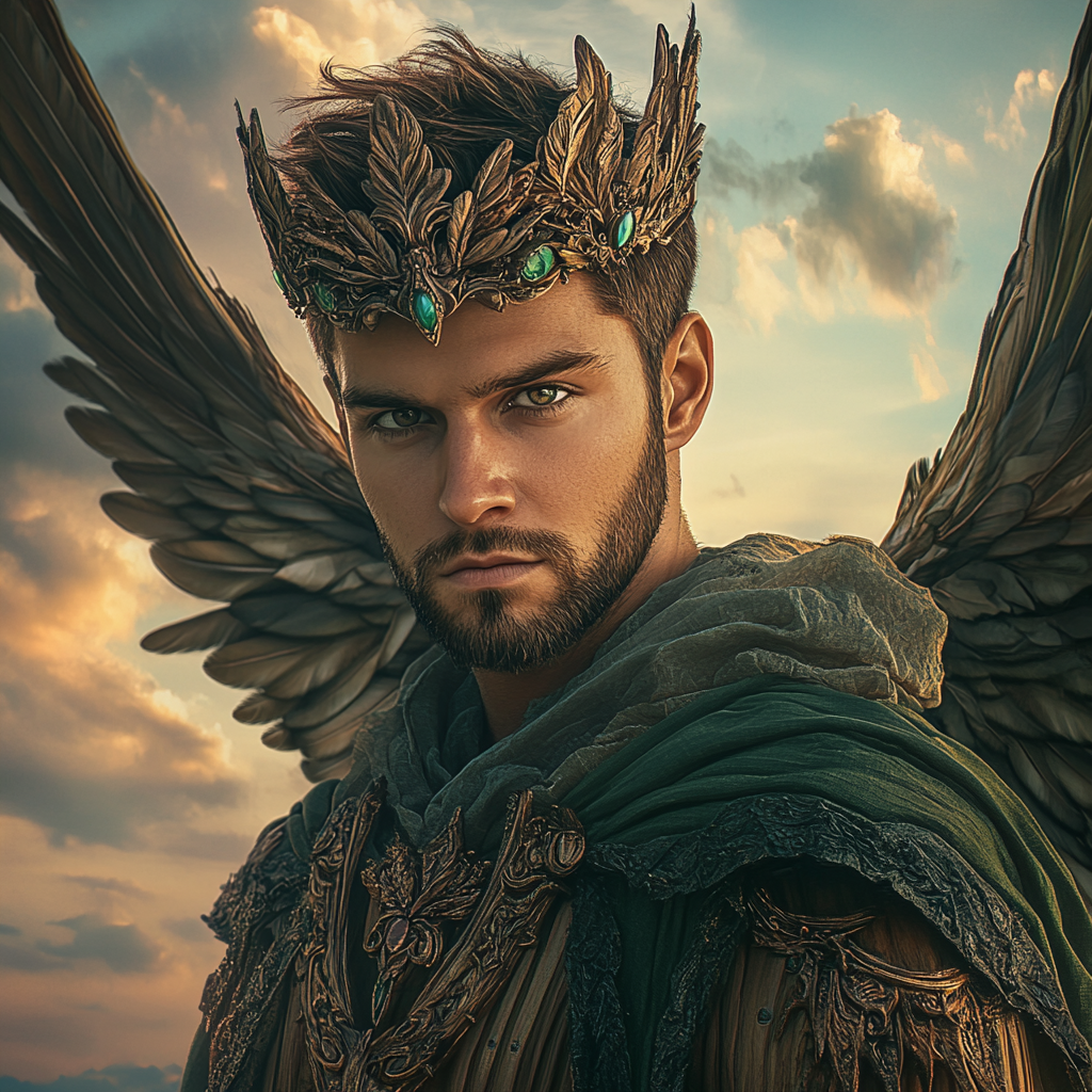 Masculine male Angel with hazel eyes and emerald crown.