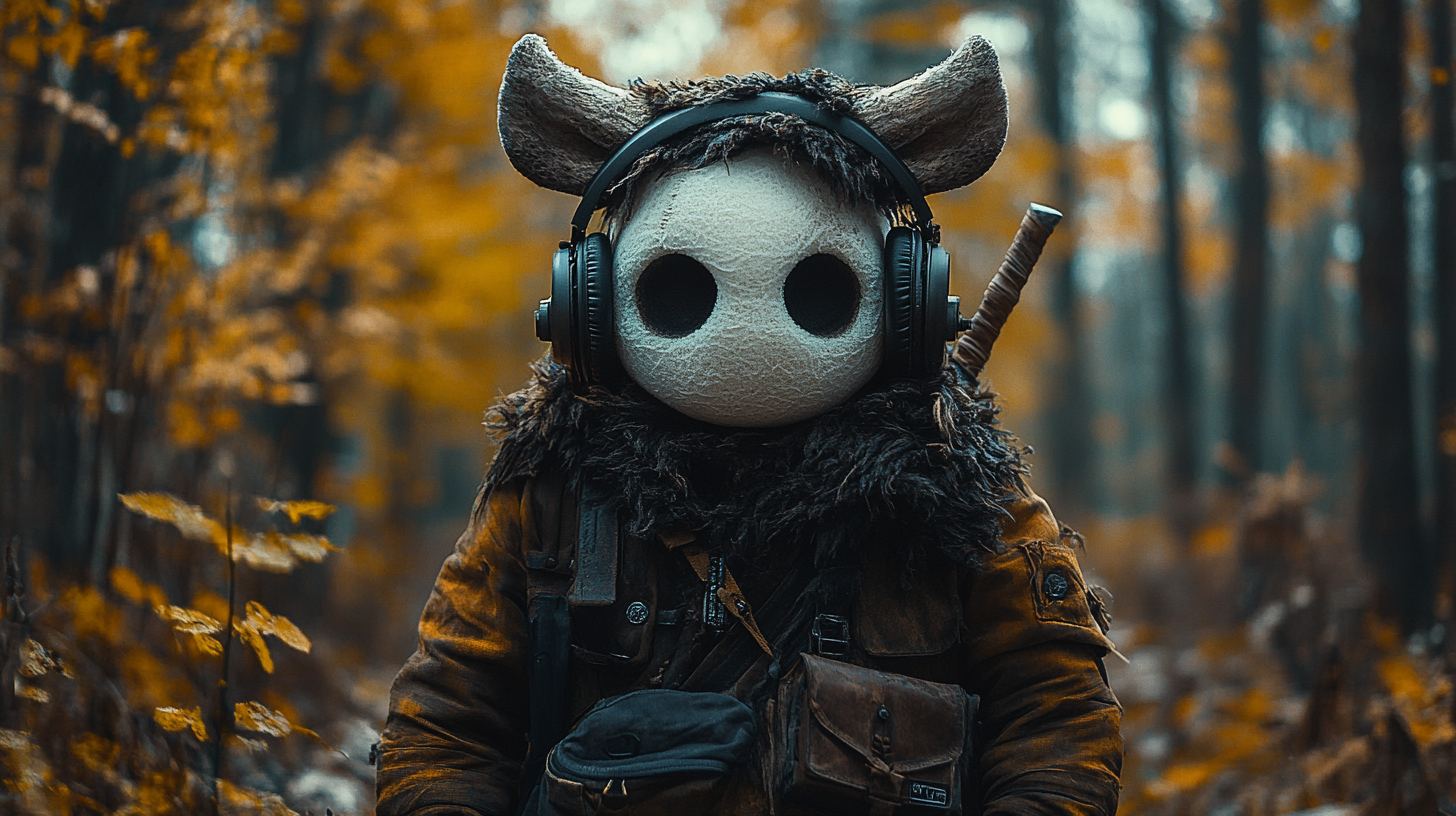 Mashmellow wearing headphone and viking jacket on farm