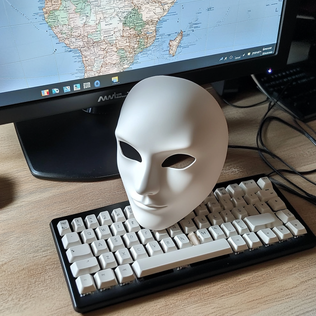 Mask covers keys on computer, world map on monitor