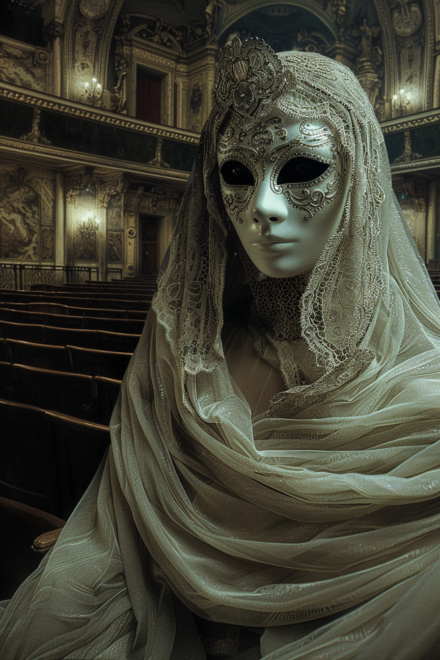 Masked woman in ghostly dress at eerie opera house