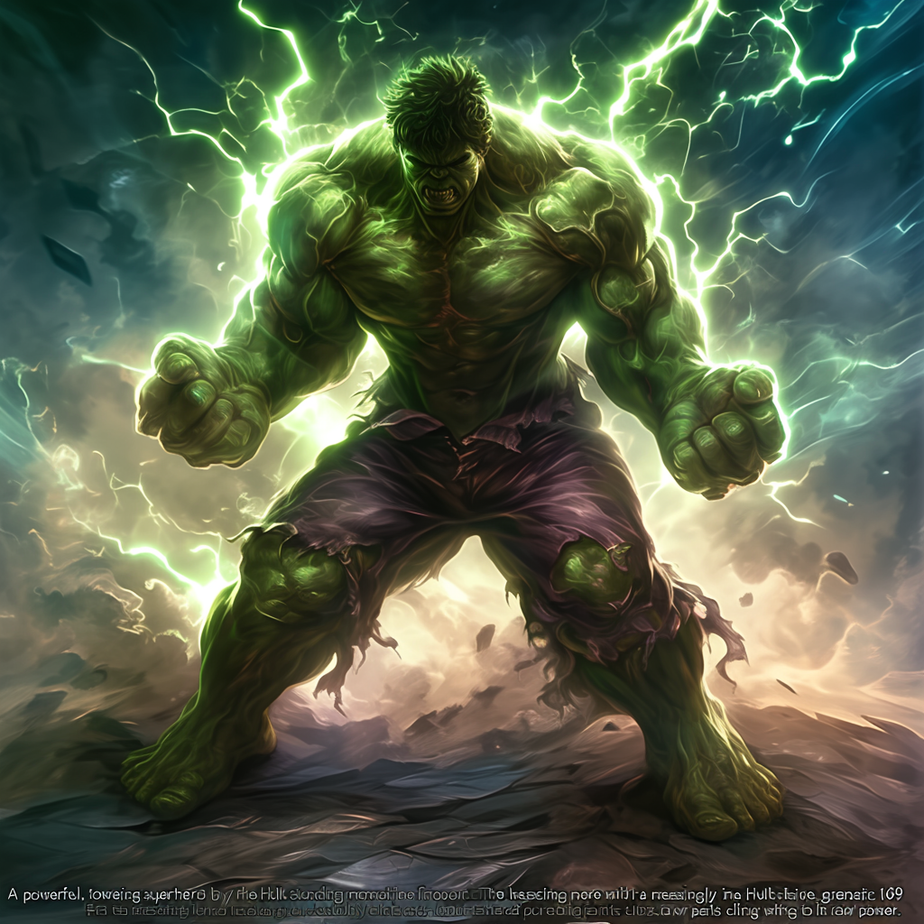 Massive, muscular green superhero in dramatic stormy background.