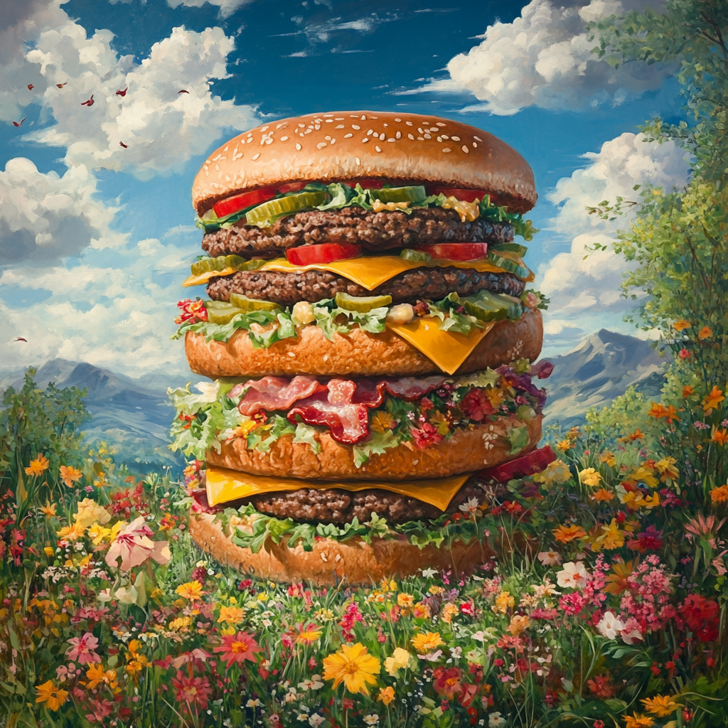 Massive Big Mac towering over serene meadow.