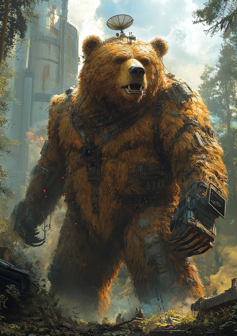 Massive angry bear in woods with mechanical arm.