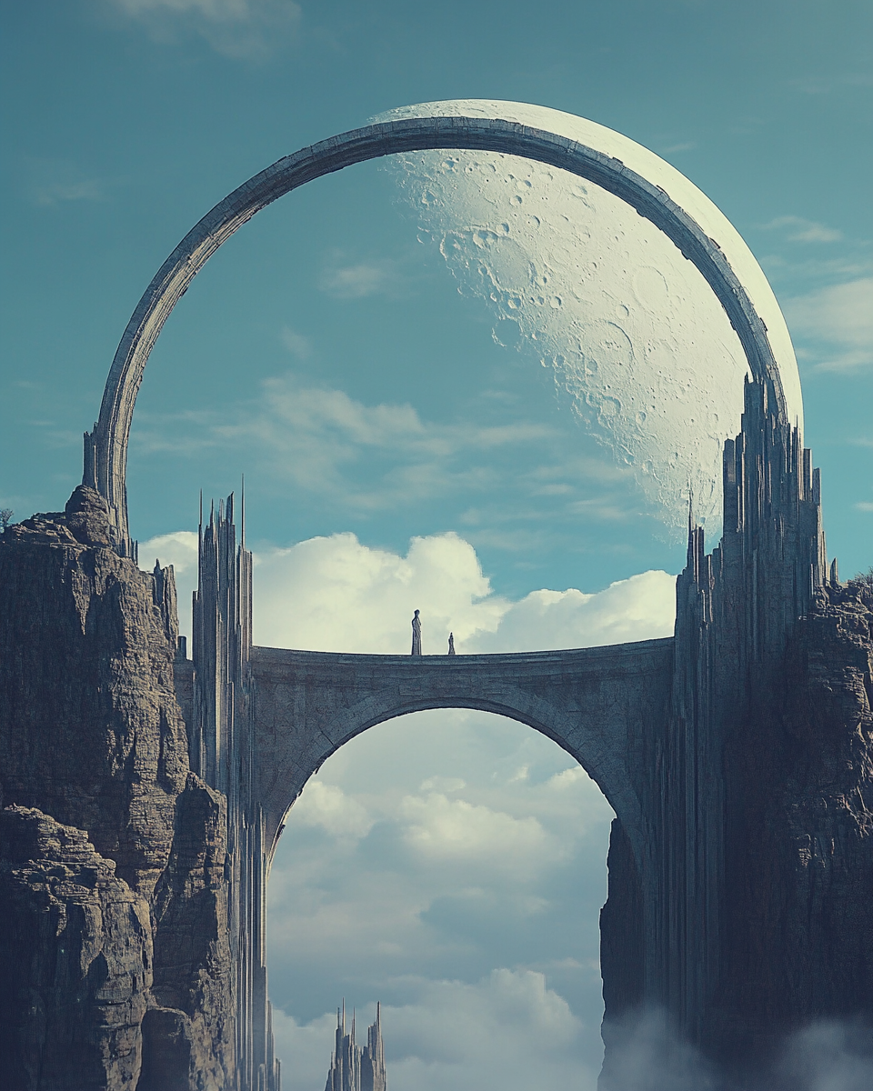 Massive bridge with tower, moon, sculpture in ancient city.