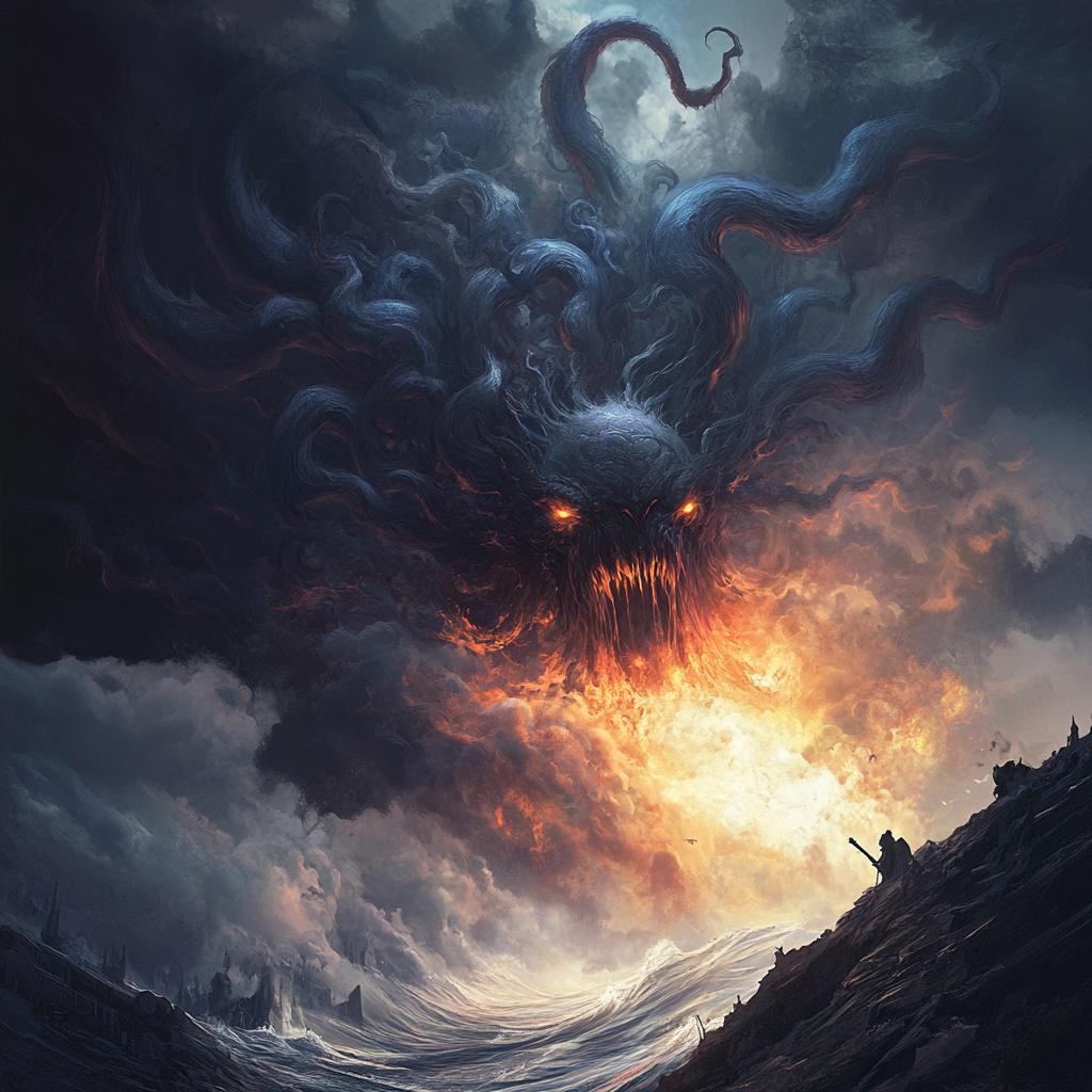 Massive demon looming in fiery sky, abyssal landscape below.