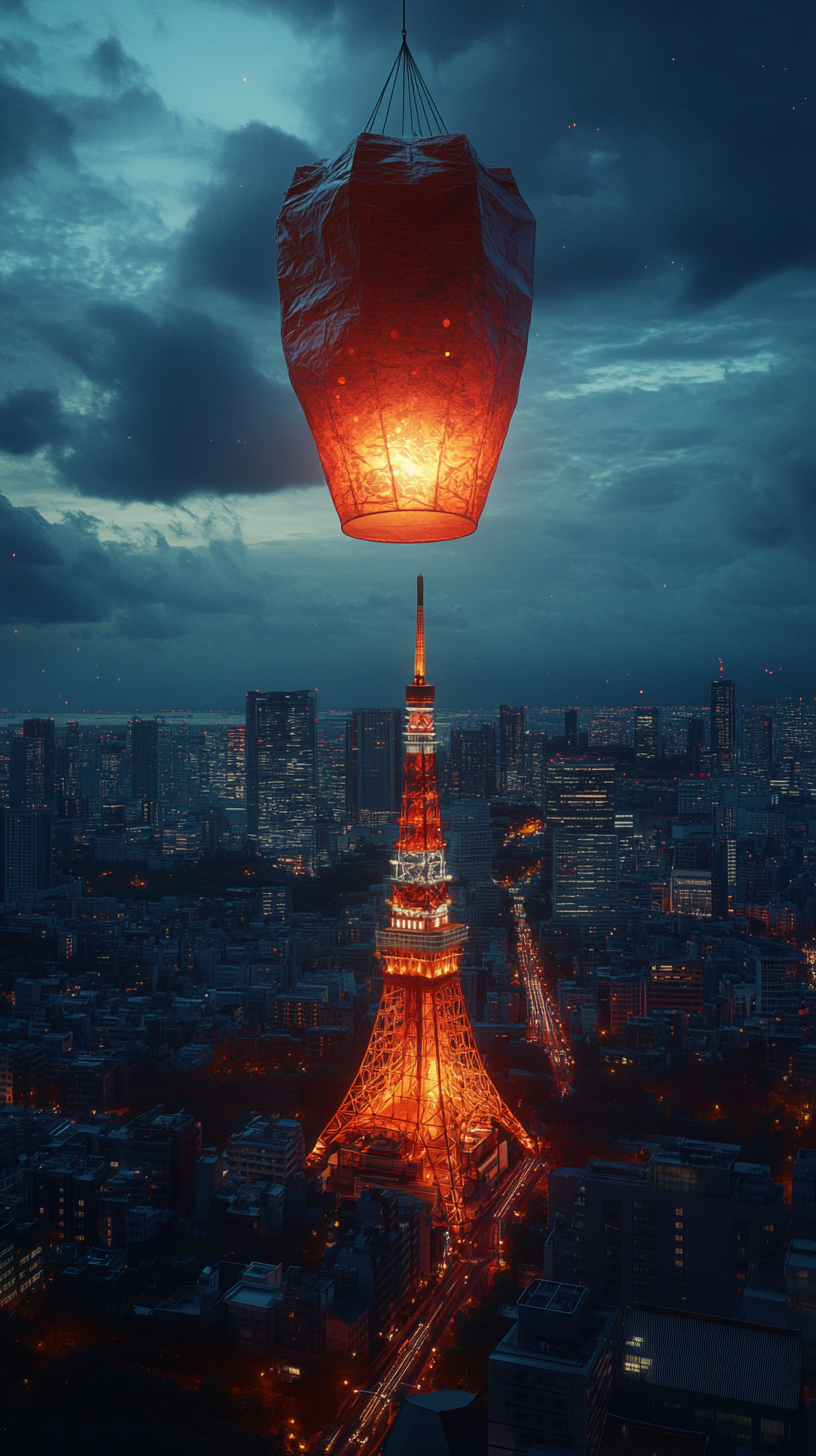 Massive lantern yokai floats over Tokyo Tower, illuminating streets.