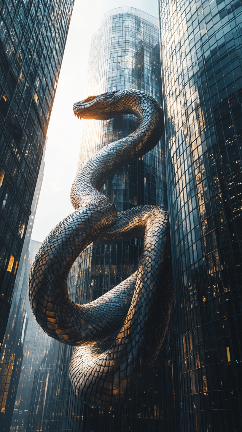 Massive serpent yokai blending with tall office towers.