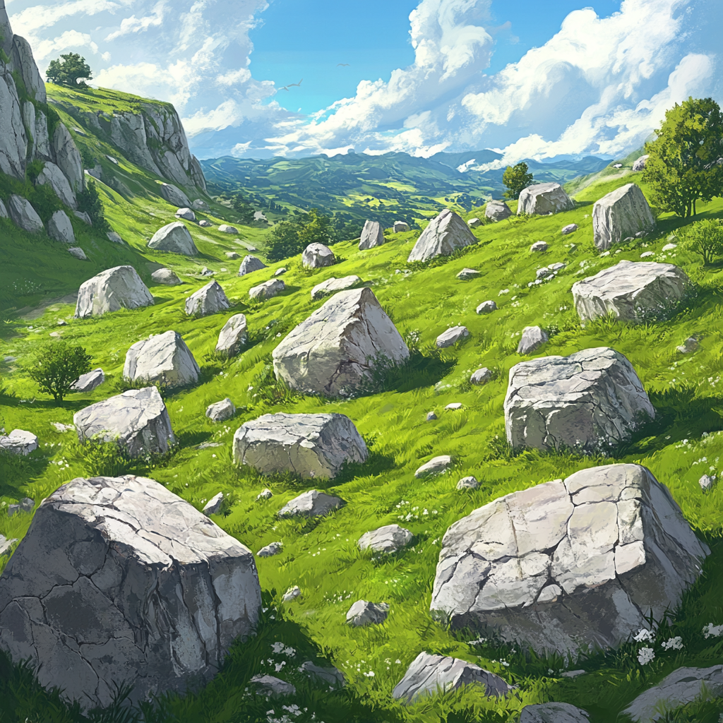 Massive stones in grass field fantasy landscape