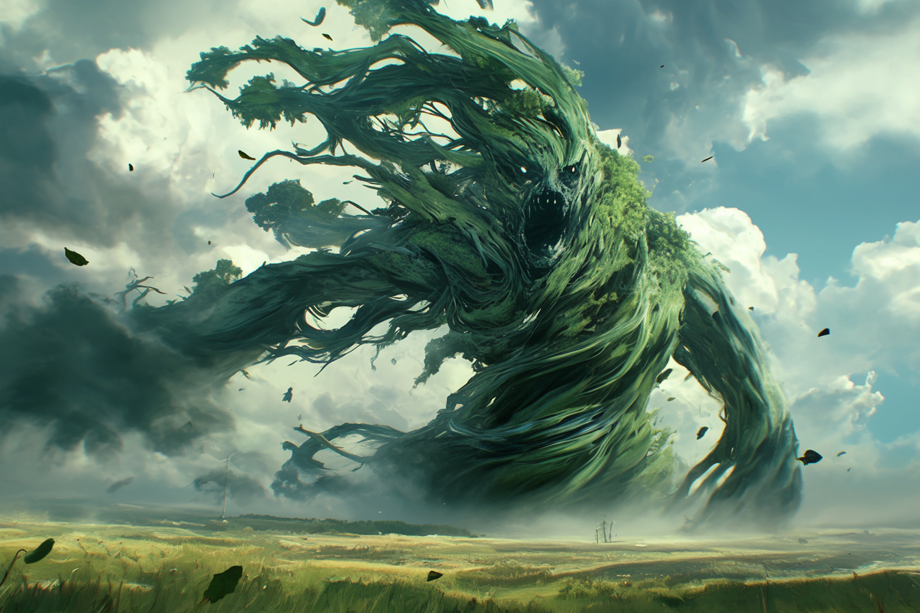 Massive wind monster confronts tornado in stunning artwork.