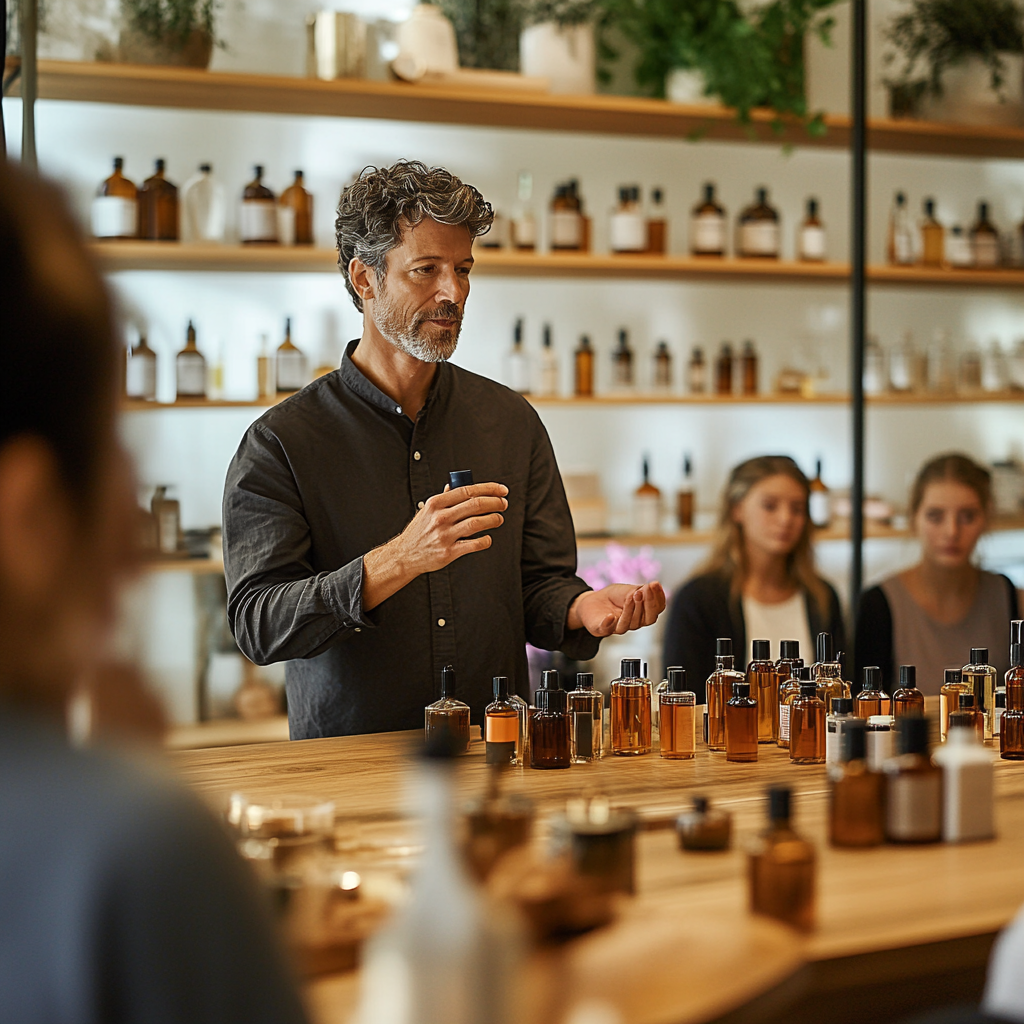 Master perfumer teaches students art of fragrance blending attentively