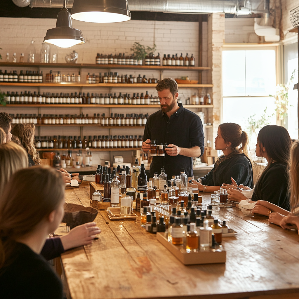 Master perfumer teaches students blending fragrances with oils.