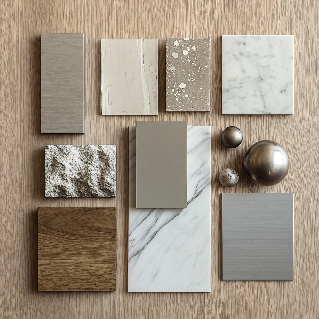 Material samples inspire interior design mood board with realistic minimalistic style.