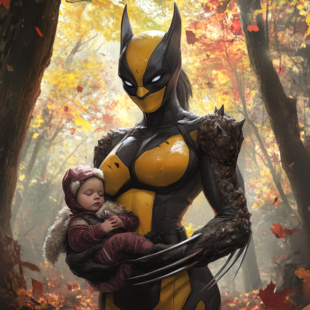 Maternal Wolverine holding baby in Canadian forest environment.