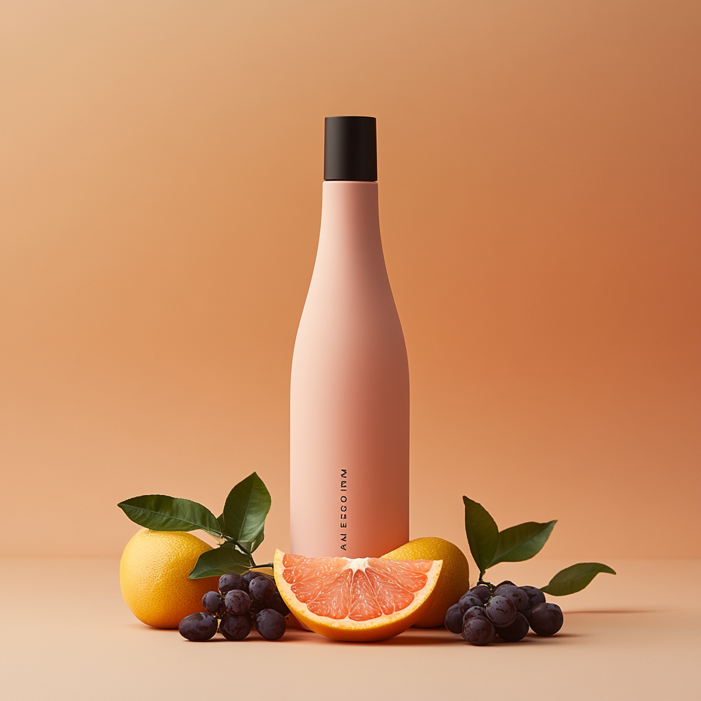 Matte pink bottle with grapefruit segments and foliage