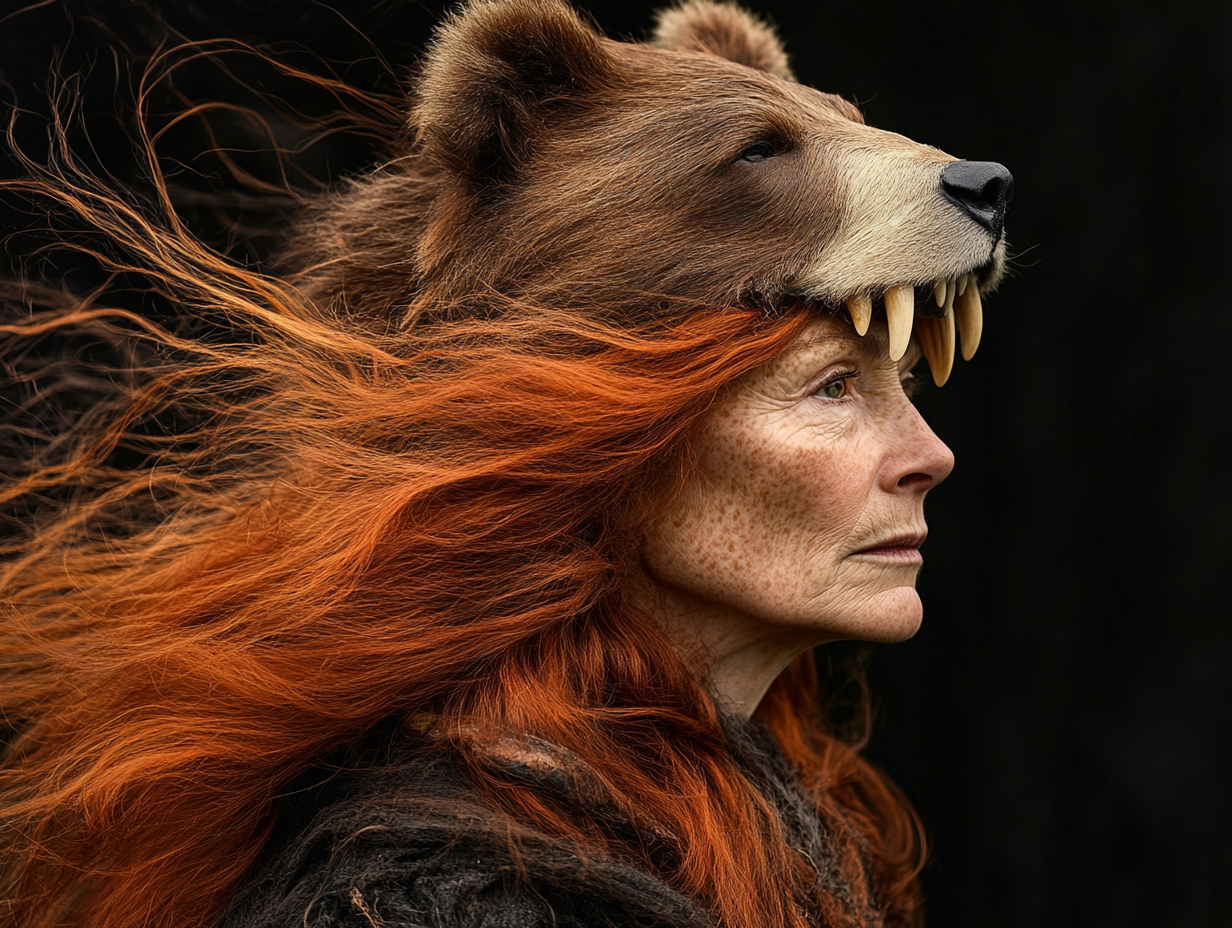 Mature Celtic woman in bear headdress, looking wise.