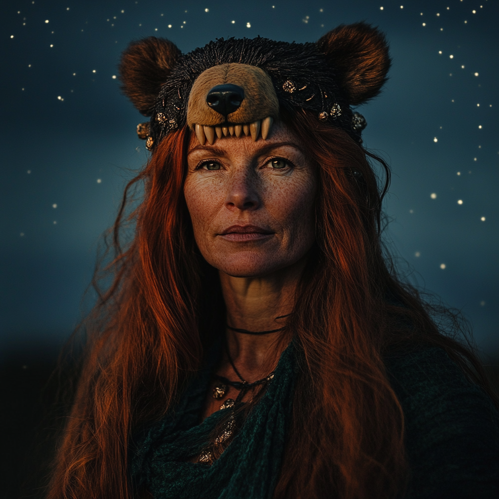 Mature Celtic woman wears bear headdress, gazes wisely.