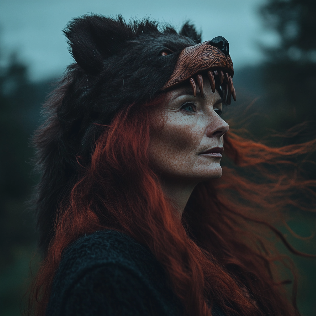 Mature Celtic woman with red hair and bear headdress.