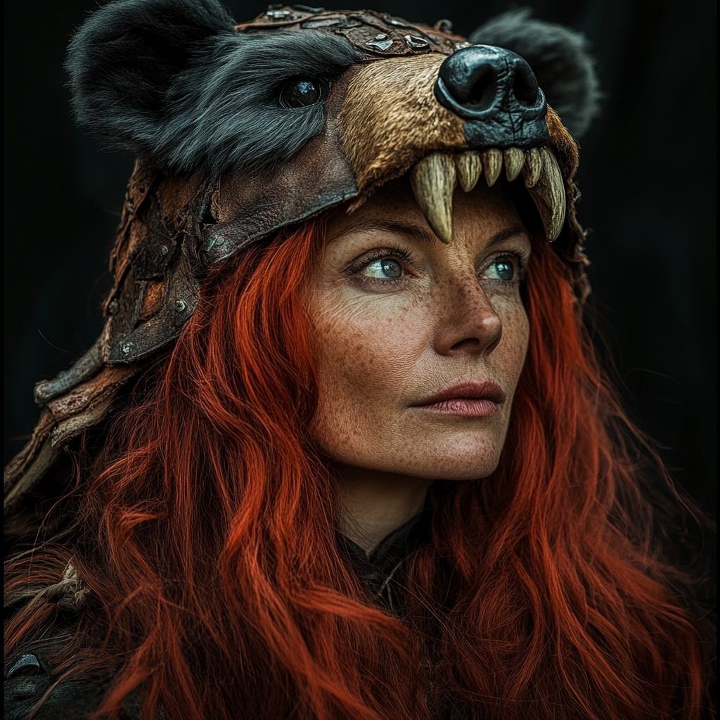 Mature Celtic woman with red hair wearing headdress. Nightime.