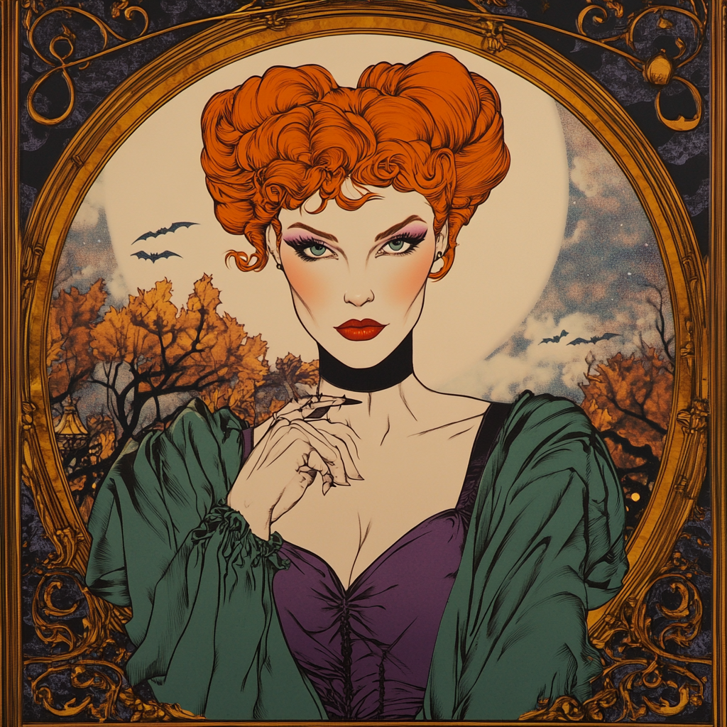 Mature witch with orange wig in elaborate Victorian frame.