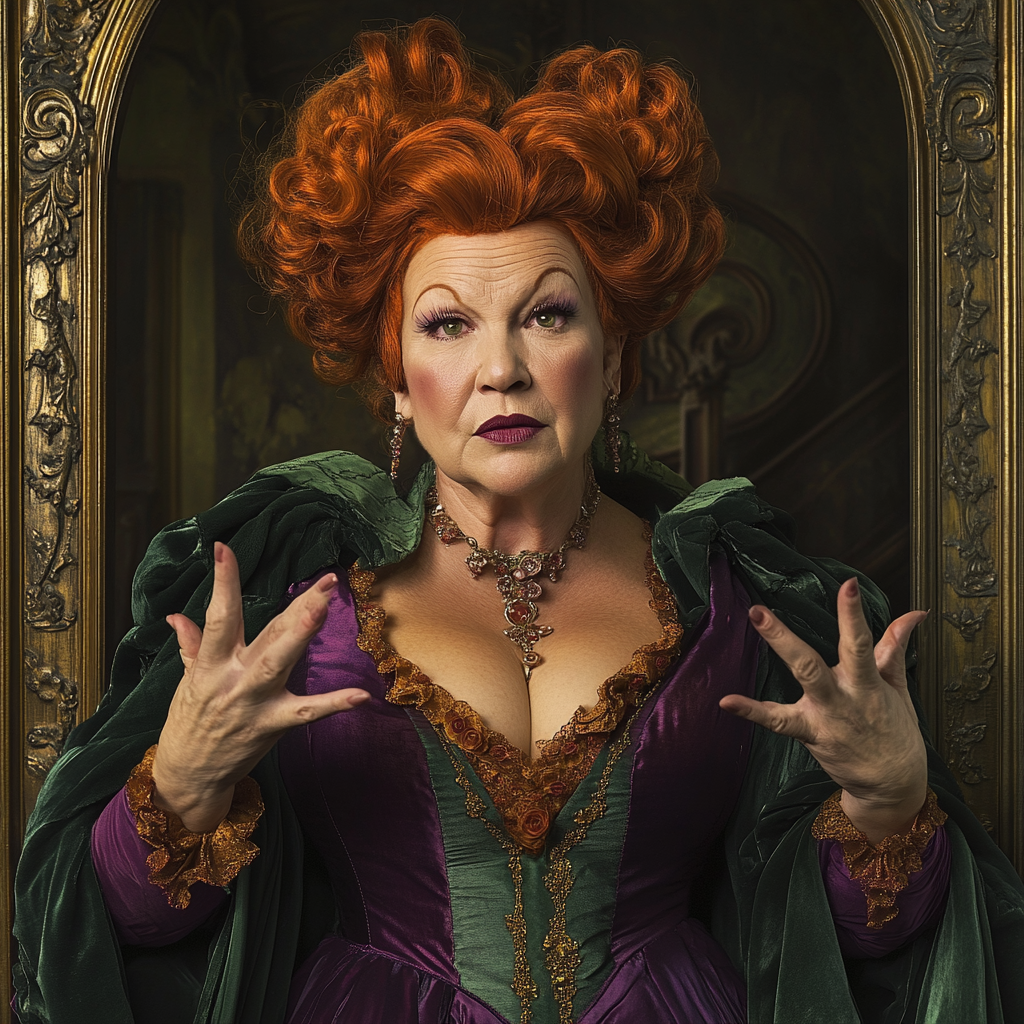 Mature woman resembling Bette Midler in Rococo style outfit.