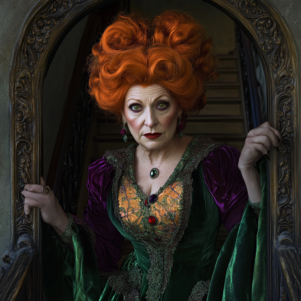 Mature woman resembling Bette Midler in Rococo style.