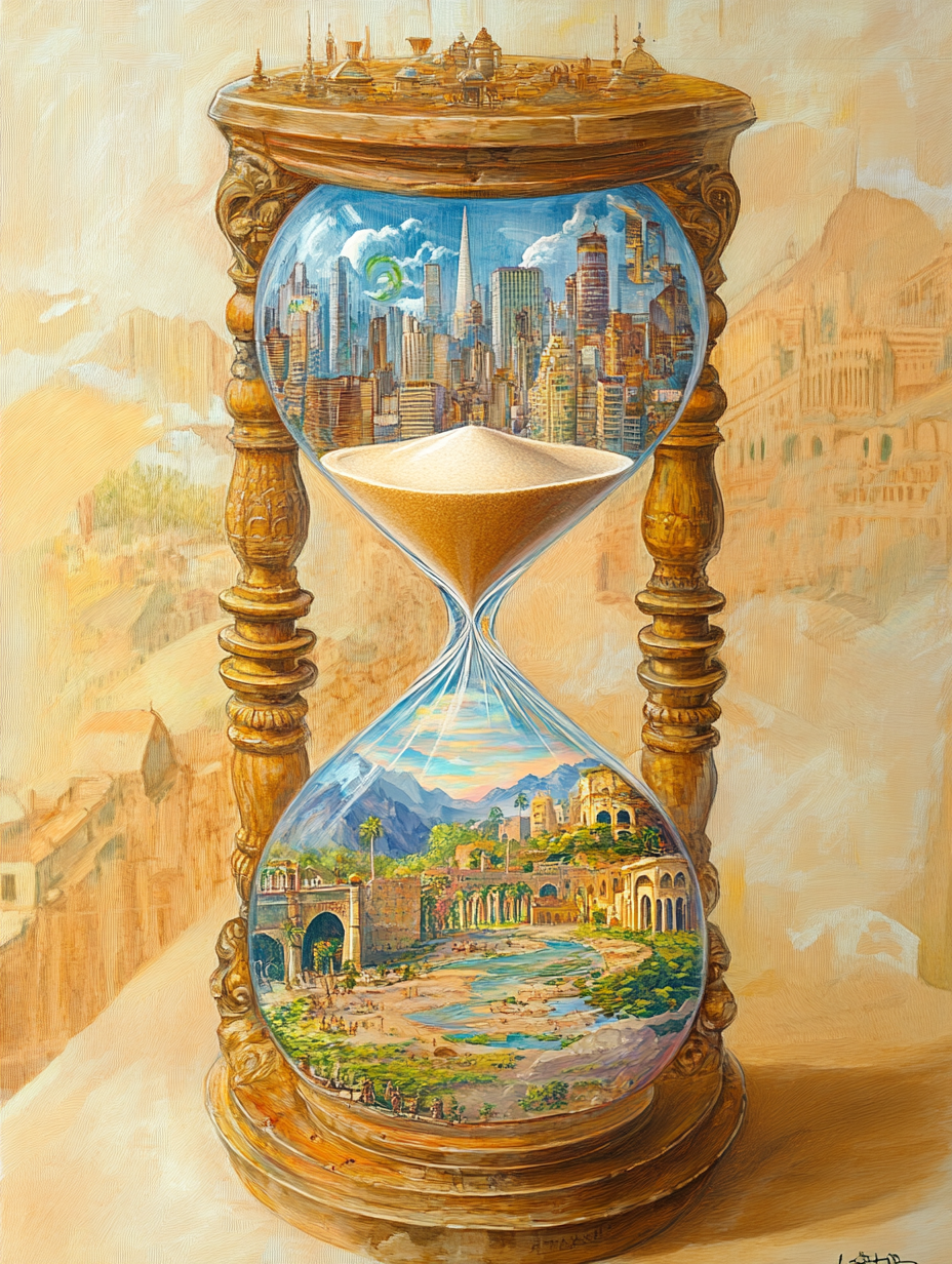 Maya balancing cityscape and landscape in hourglass.