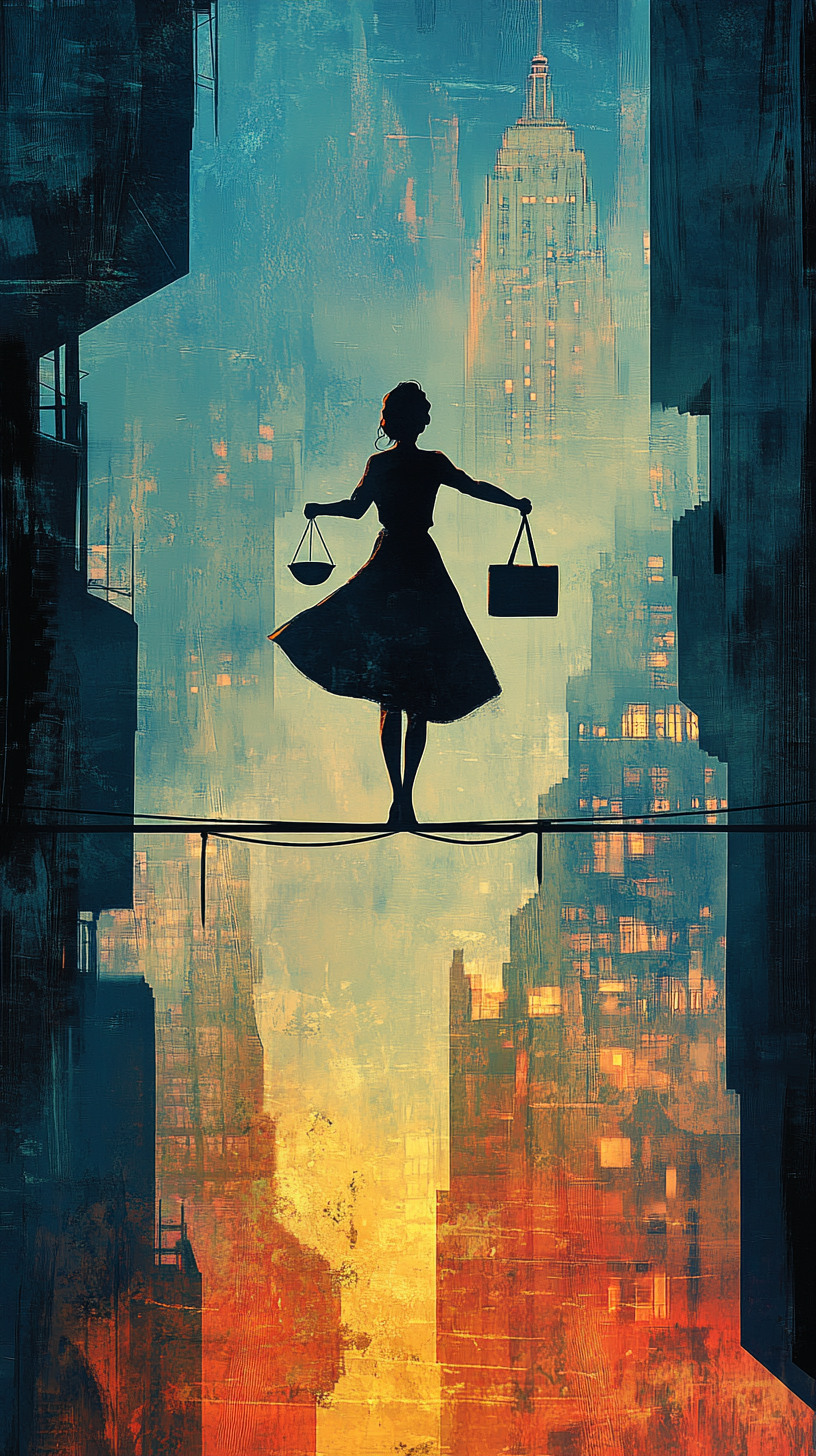 Maya balancing ethics and ambition on tightrope above city.