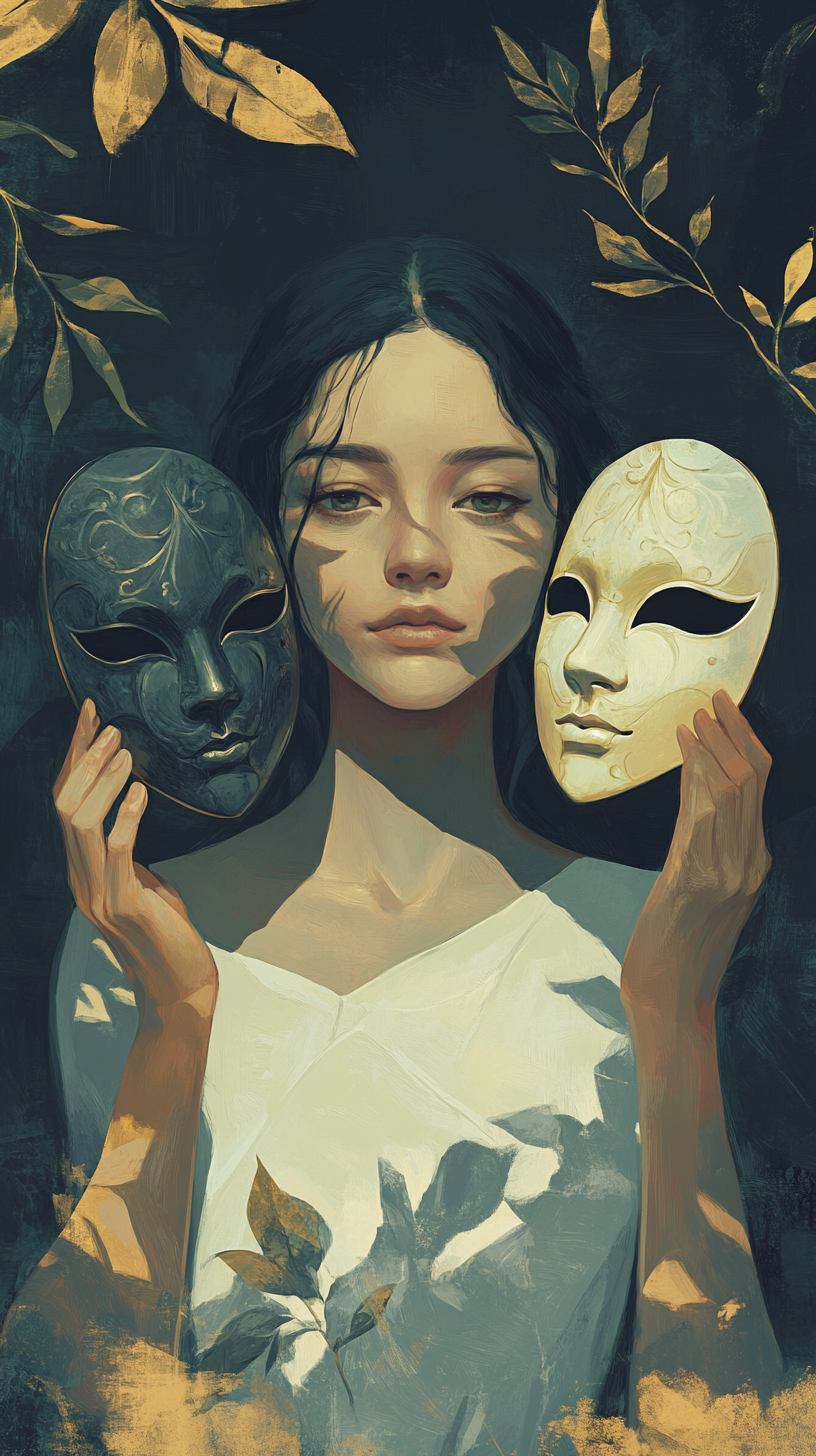 Maya holding corporate and authentic masks, balancing ambition and integrity.