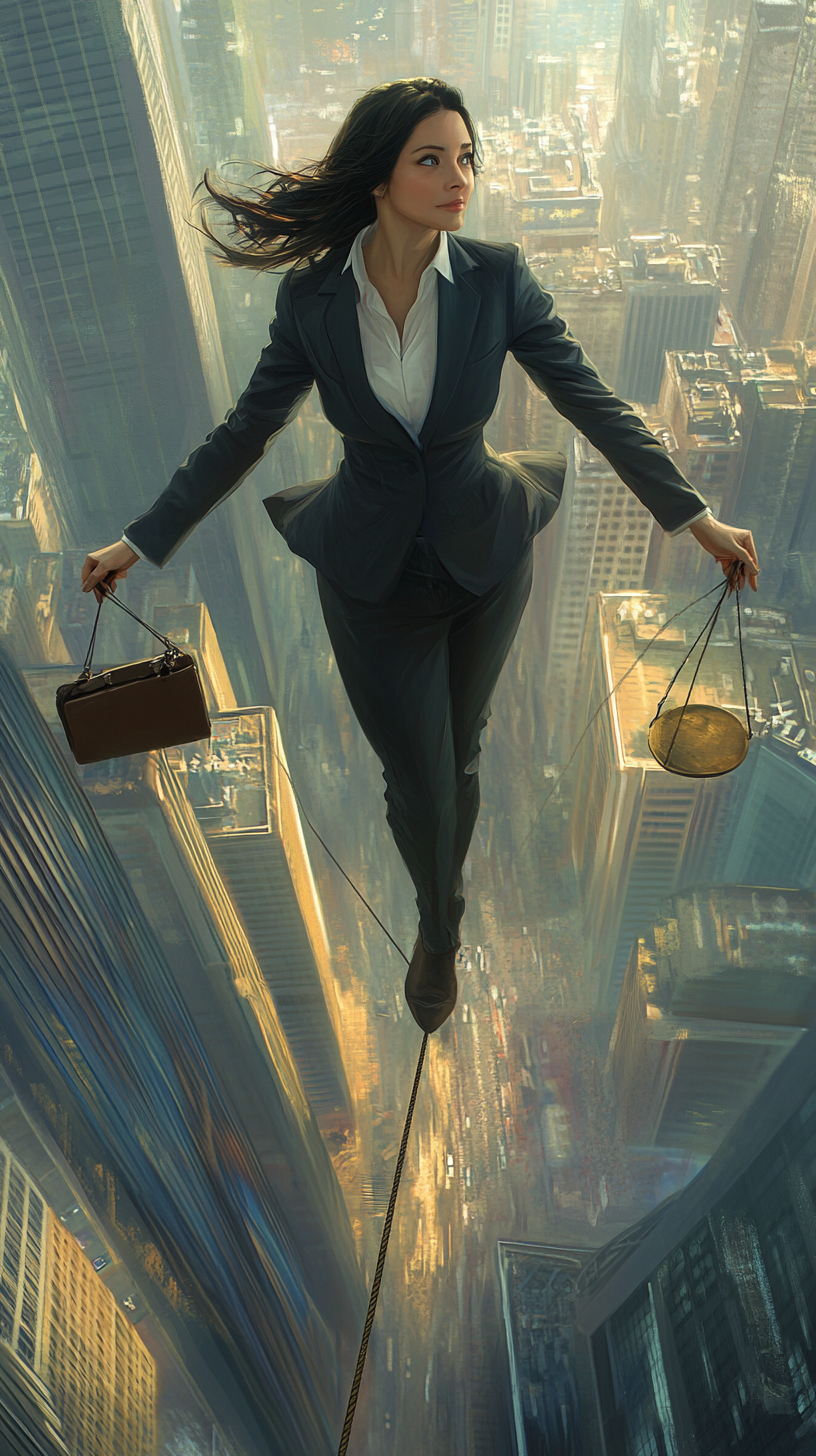 Maya in work suit walks tightrope between skyscrapers.