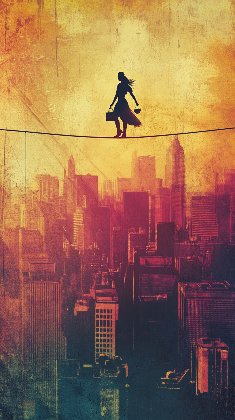 Maya walking on tightrope above cityscape with scale.