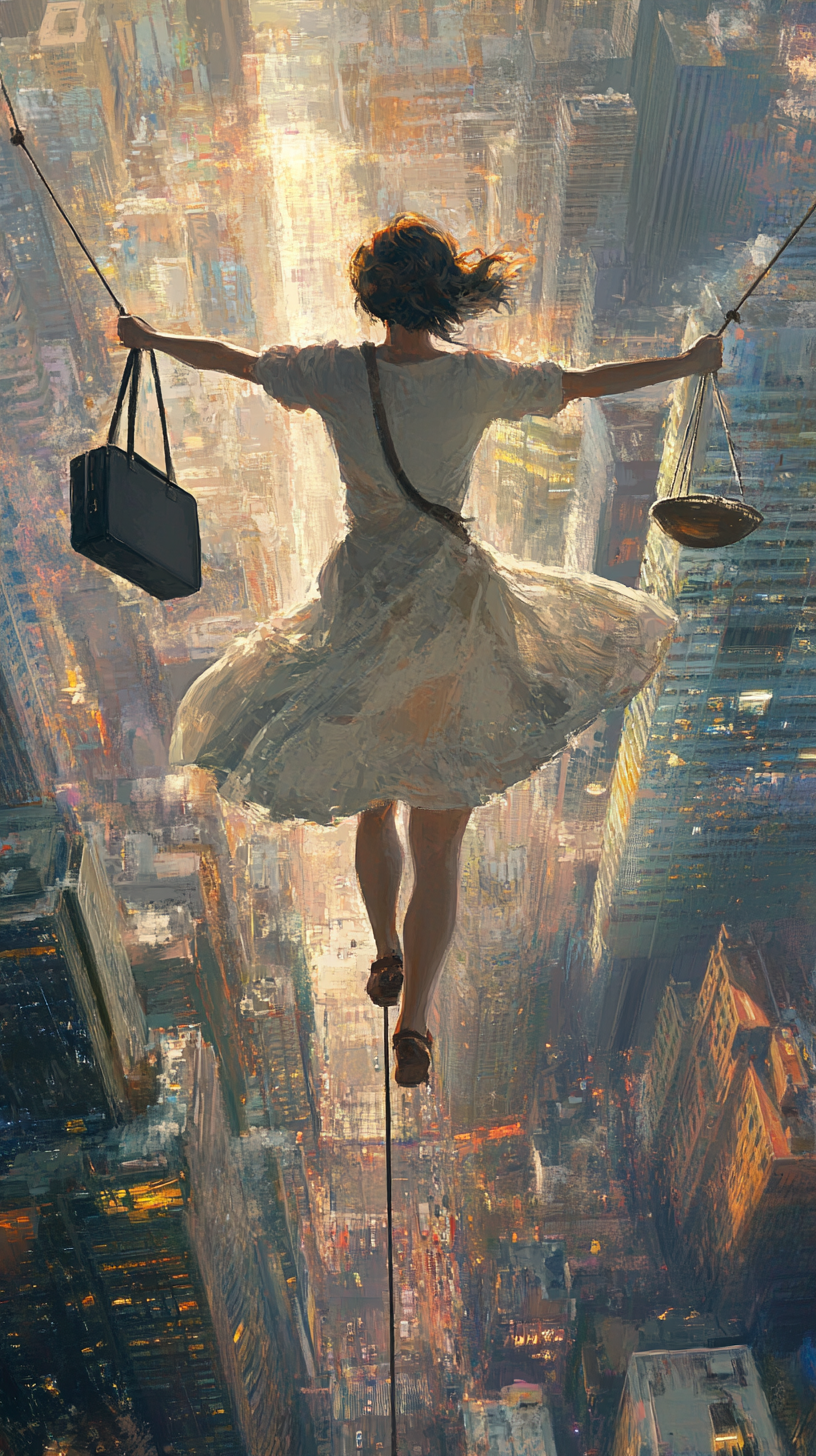 Maya walking on tightrope with briefcase and scale art.