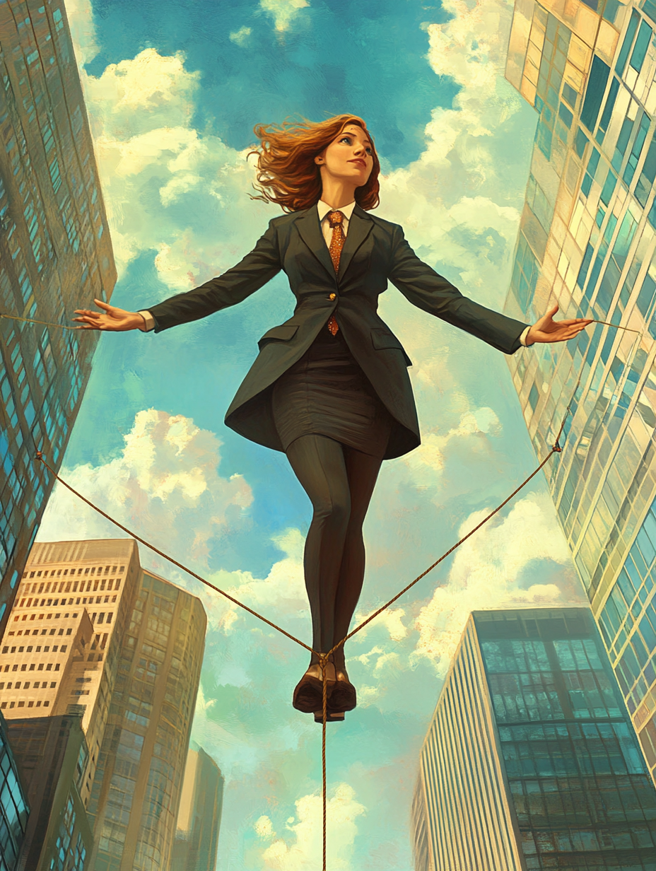 Maya walks tightrope, symbolizing balance in corporate world.