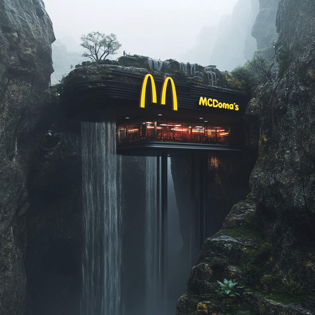 McDonald's inside mountain with waterfalls and logo.