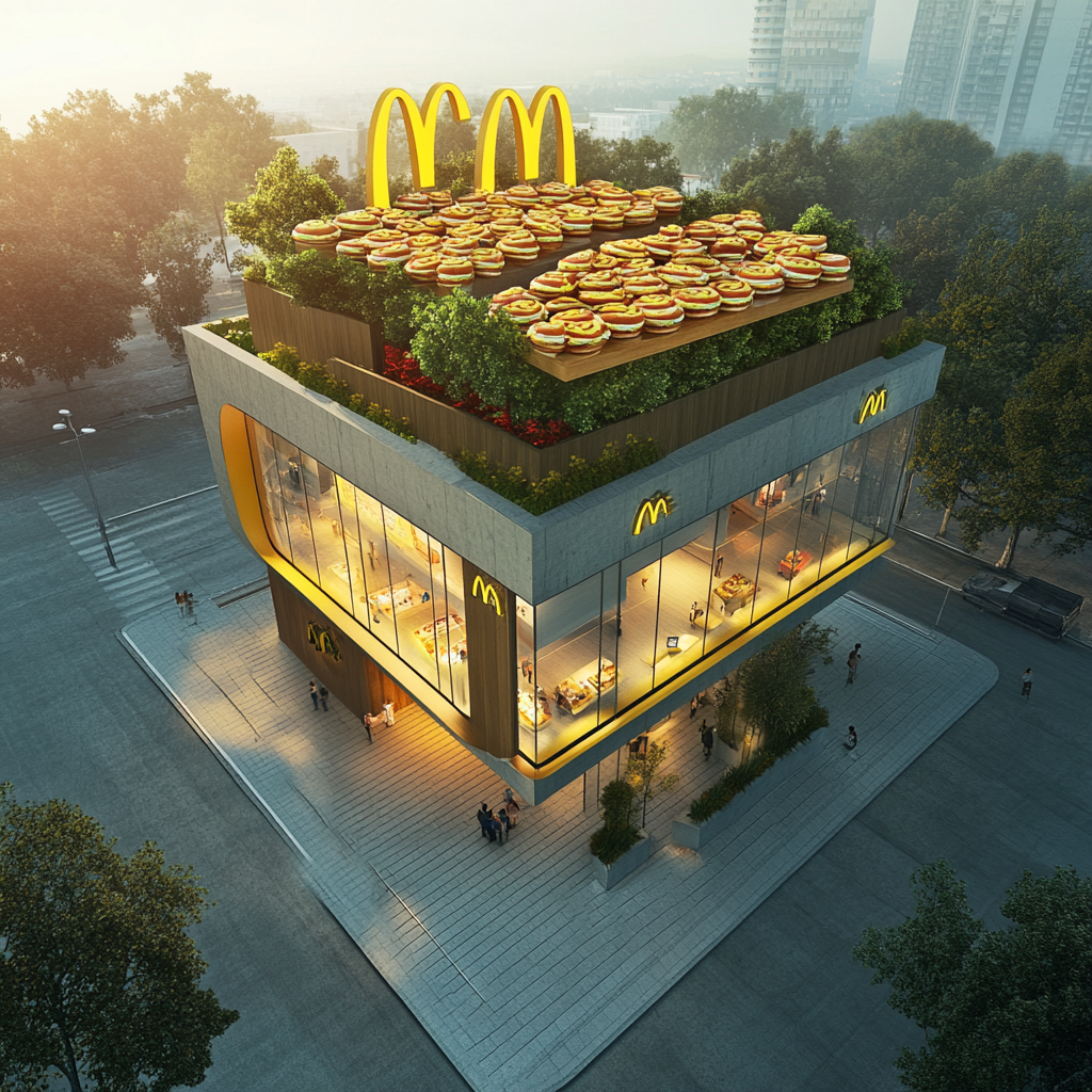 McDonald's store in square with 3D sandwich display.