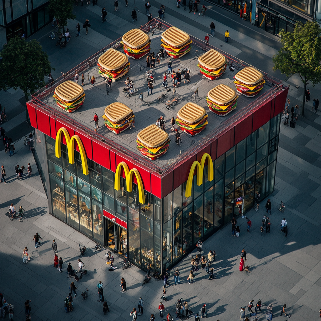 McDonald's store with giant 3D sandwiches on roof.