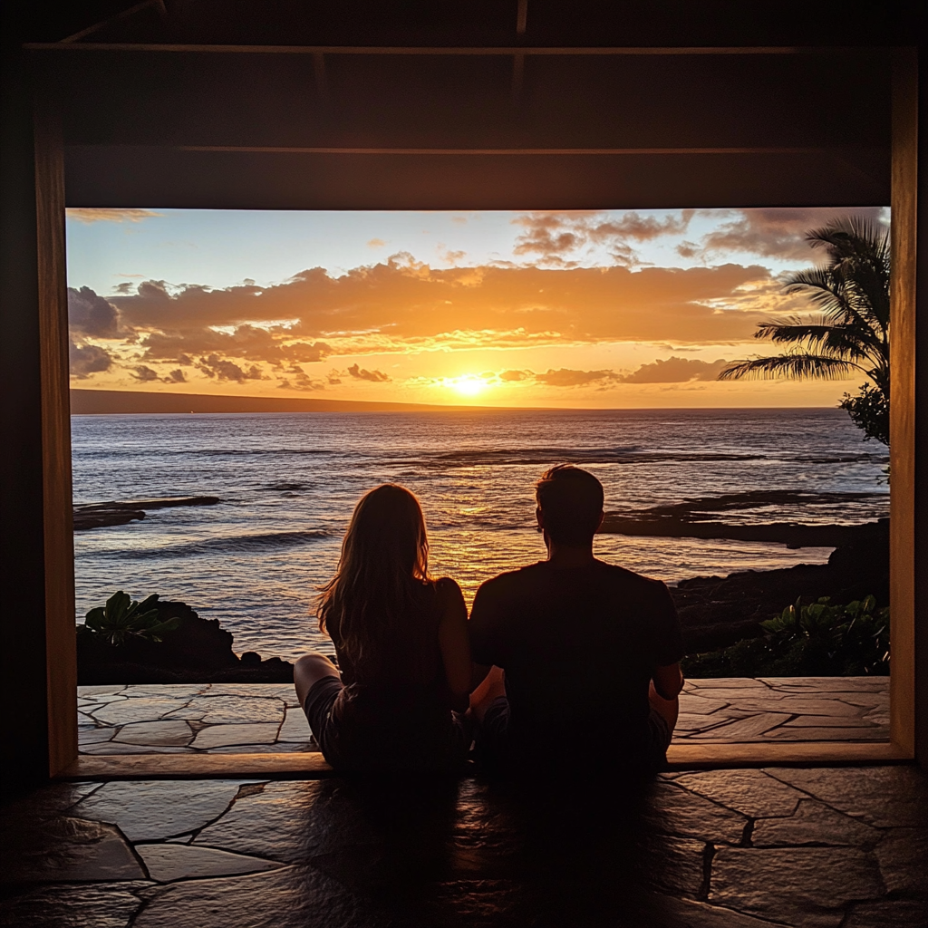 Me and my wife watching sunset on beach