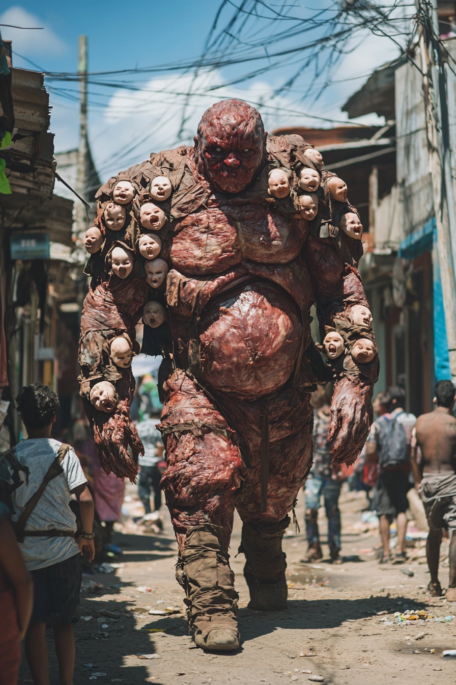 Meat man covered in baby heads walking in Rio