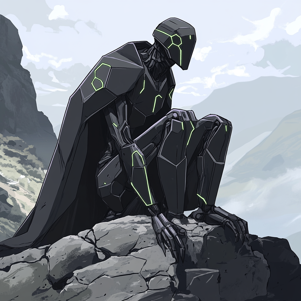 Mech in black cloak with hexagons on mountain ledge.